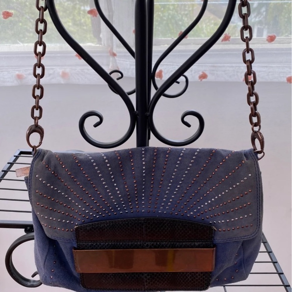 Jimmy Choo blue suede chain shoulder strap clutch